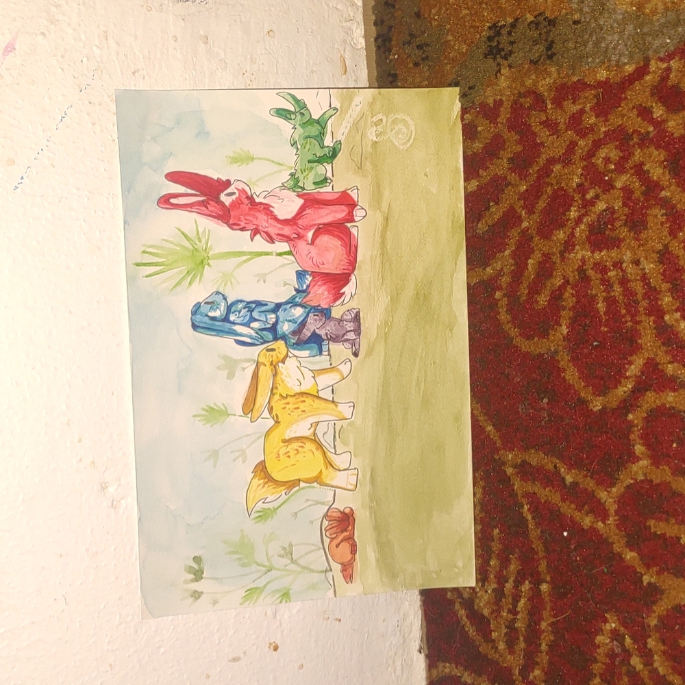 6x11 Watercolor painting , Rabbits
